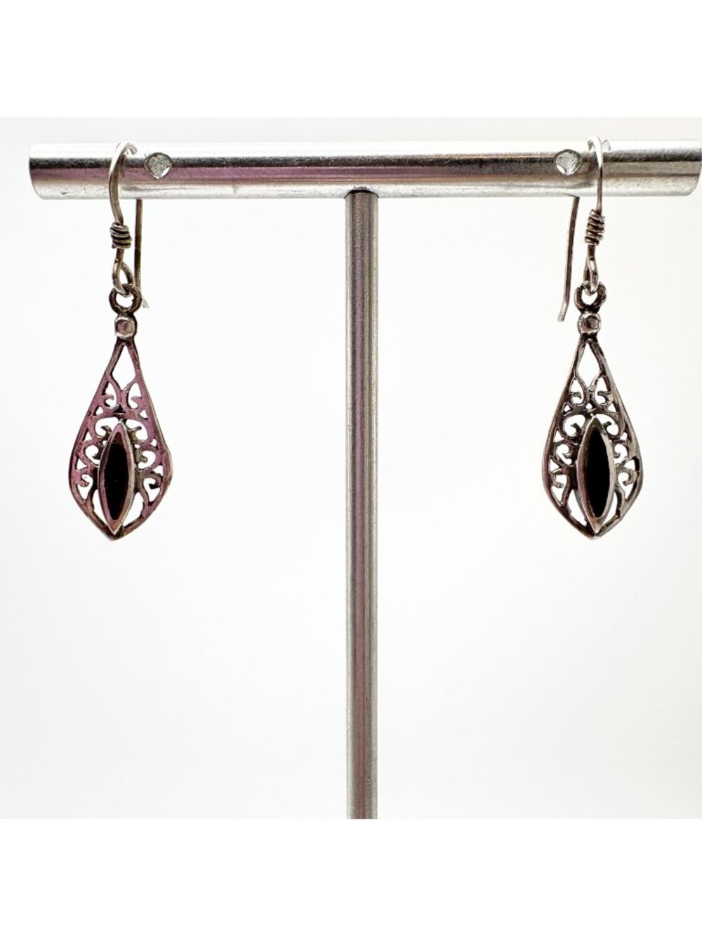Black Enamel Scroll Design Dangle Earrings Sterling Silver 925 Size 1.25" Length